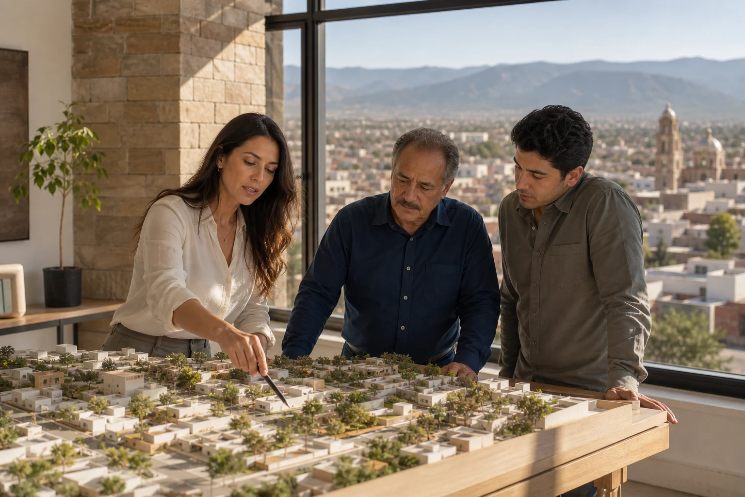 Especialistas analizan zonas inmobiliarias en una maqueta urbana.