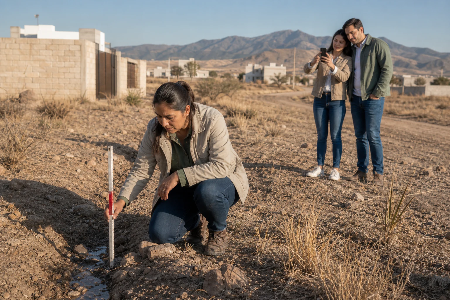 An engineer inspects drainage and boundaries on a residential lot.