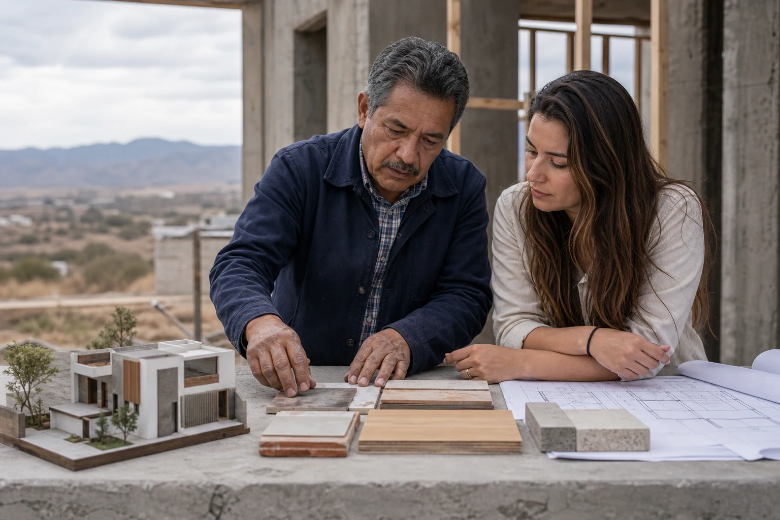 Propietaria y especialista comparan materiales y alcance de obra.