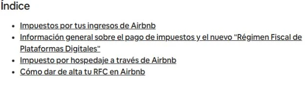 Airbnb 墨西哥官方指南目录,提供税务、住宿税及 RFC 注册说明的入口。