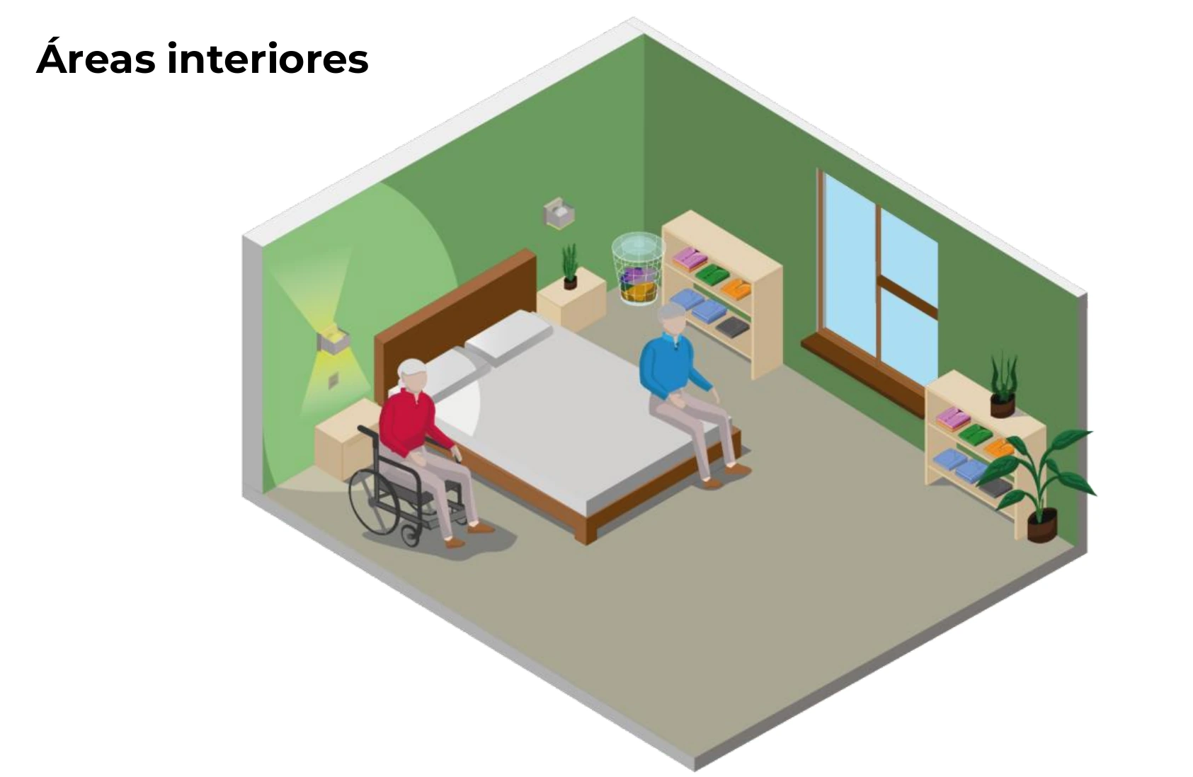 Ilustração da CONAVI de quarto com luz natural e espaço de circulação.