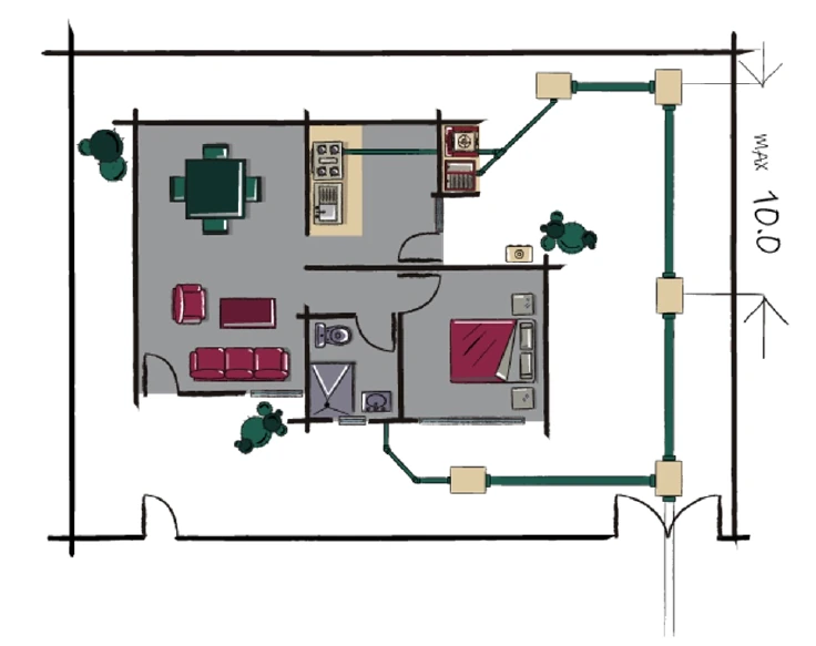CONAVI plan showing a home drainage layout and inspection chambers.