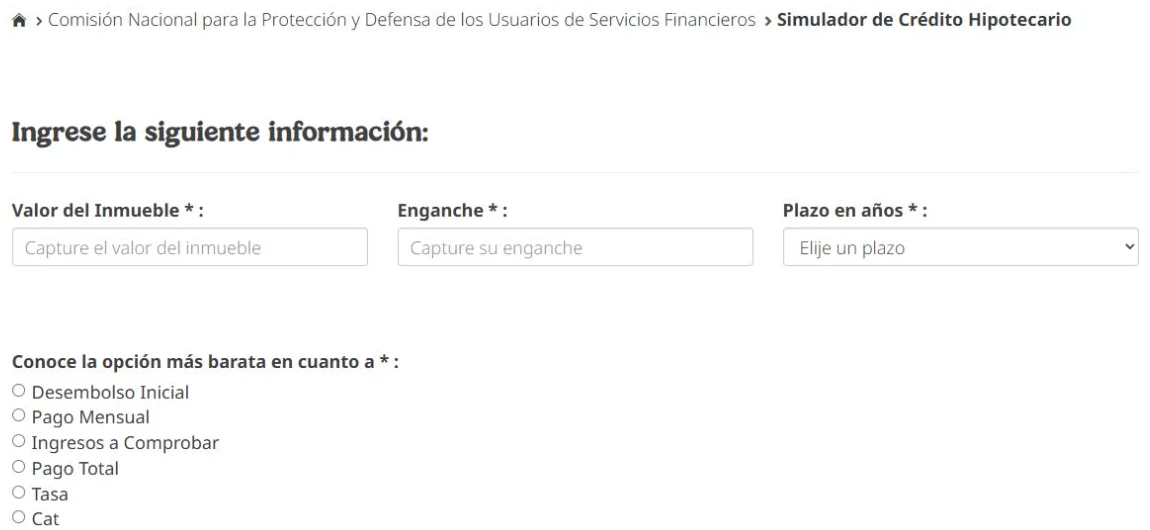 Blank public CONDUSEF form with property value, down payment, term and six comparison criteria, including total payment and CAT.