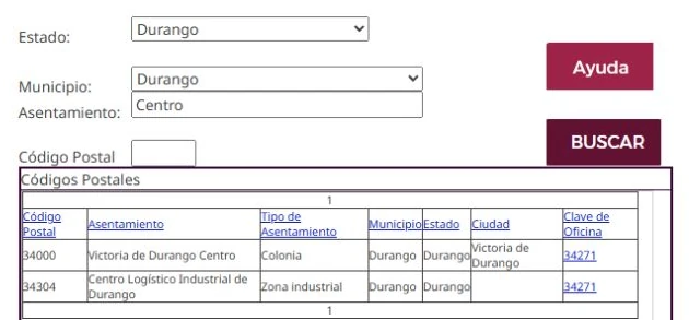 Tatsächliche Correos-de-México-Suche für Durango und Centro mit den Postleitzahlen 34000 und 34304.