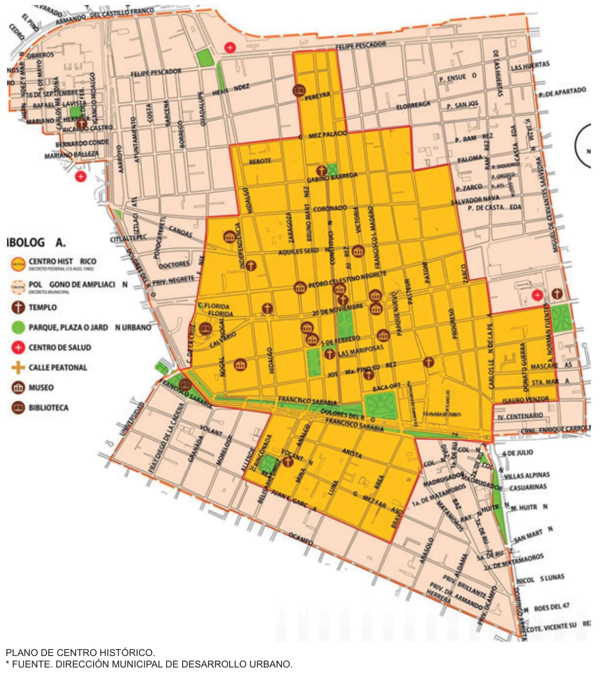 Städtische Karte des historischen Zentrums von Durango mit Straßen, Plätzen, Kirchen und Museen.