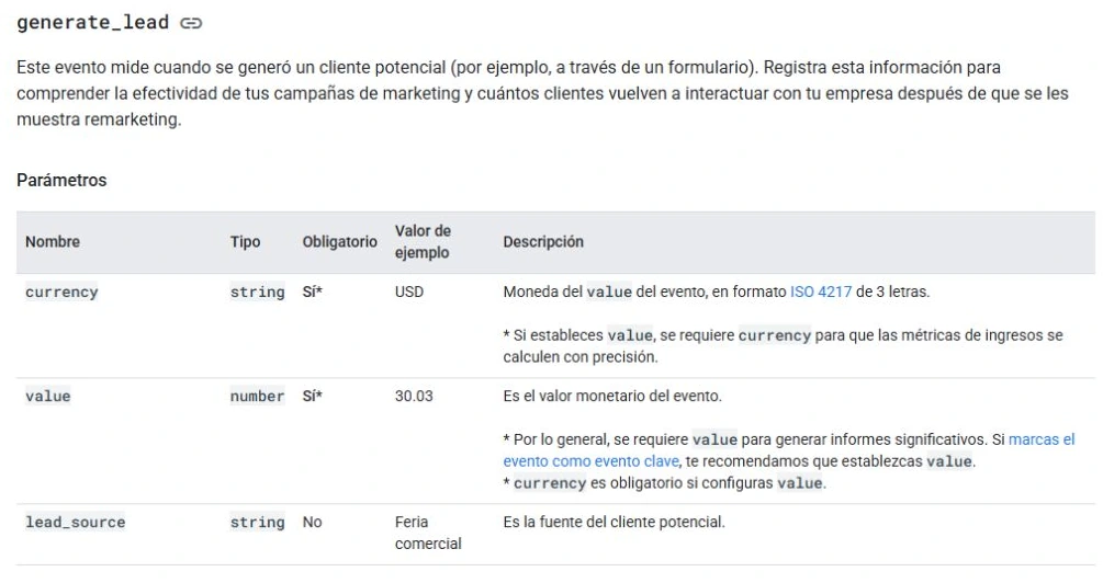 Capture de la documentation GA4 montrant la définition de l'événement generate_lead et le tableau des paramètres.