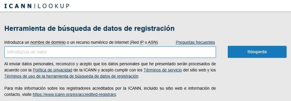 Strumento pubblico ICANN Lookup in spagnolo con campo di ricerca del dominio vuoto.