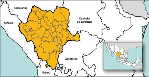 Amtliche Karte Durangos mit Gemeindegrenzen, Nachbarstaaten und Lage innerhalb Mexikos.