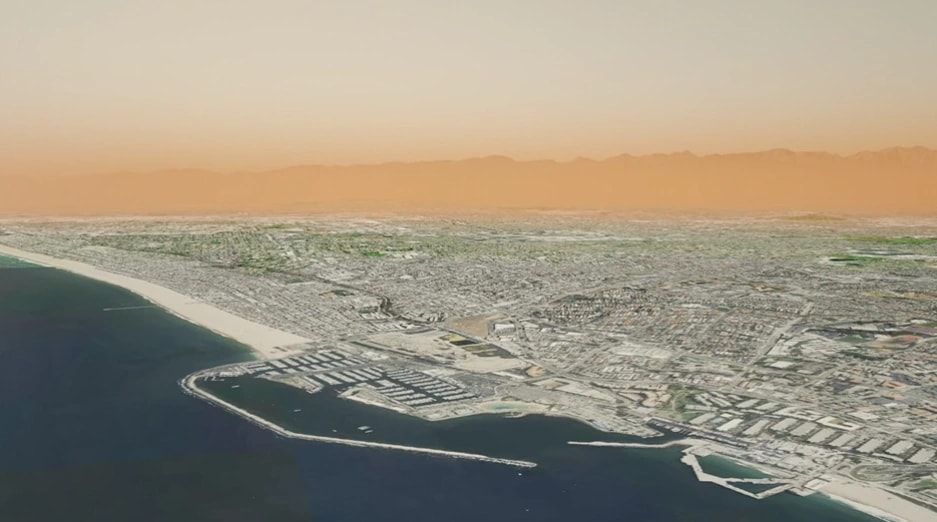 Vista 3D obliqua di costa, città e montagne in una dimostrazione pubblica di MapsAnimation.