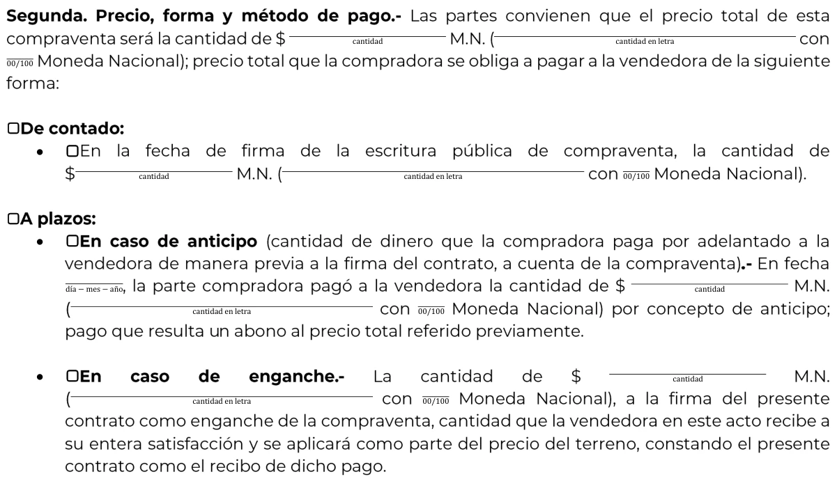 Original Profeco model contract section showing price, payment method, advance payment and down payment.