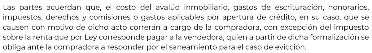 Parágrafo do modelo de contrato da Profeco separando despesas de escritura, honorários profissionais e imposto de renda do vendedor.