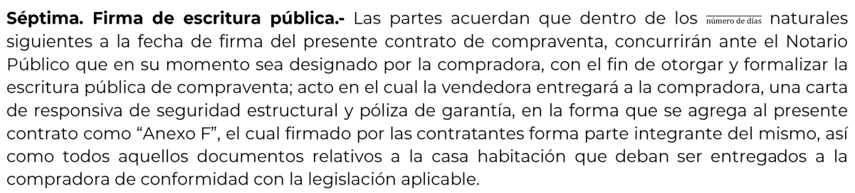 Cláusula original de Profeco que deja un campo para el plazo de firma de escritura y enumera documentos de entrega.