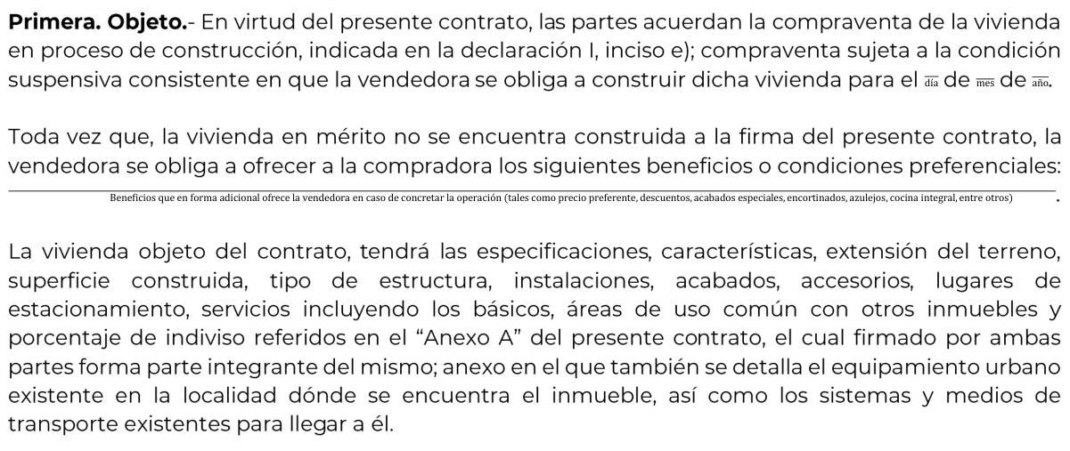 Cláusula original da Profeco sobre casa em construção, data da obra e especificações nos anexos.