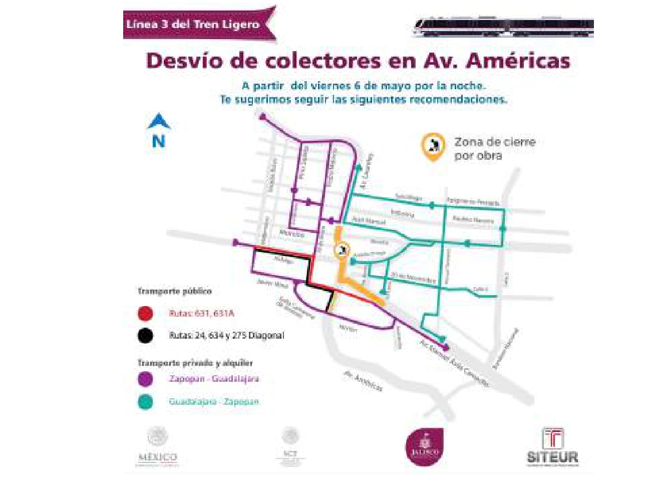 Example of temporary detour wayfinding in Guadalajara, with a map, north arrow and alternative routes, reproduced in the Street Manual.